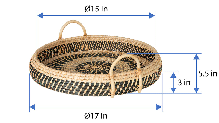 Round Rattan Serving and Breakfast Tray, Natural-Black