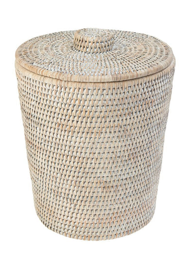 La Jolla Rattan Round Waste Basket with Plastic Insert & Lid. Small