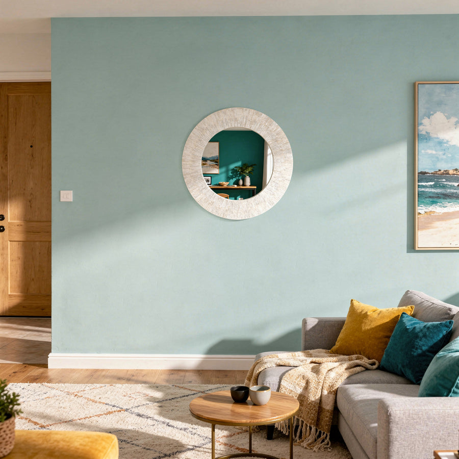 Round Capiz Seashell Sunray Wall Mirror, Pearlescent White