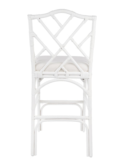 Chippendale Rattan Barstool, White and Off-White Upholstery