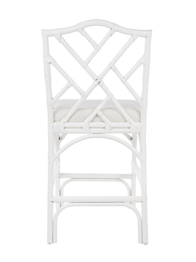 Chippendale Rattan Counter Stool, White and Off-White Upholstery