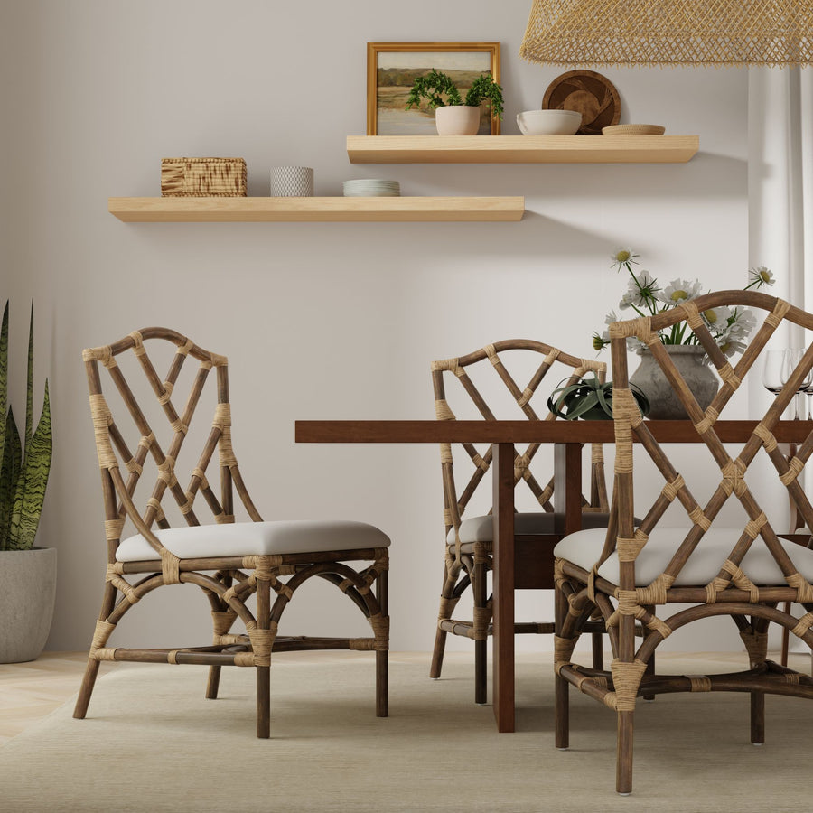 Rattan Chippendale Upholstered Dining Chair, Antique Brown, Set of 2 Chairs