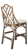 Chippendale Rattan Counter Stool, Antique Brown and Off-White Upholstery