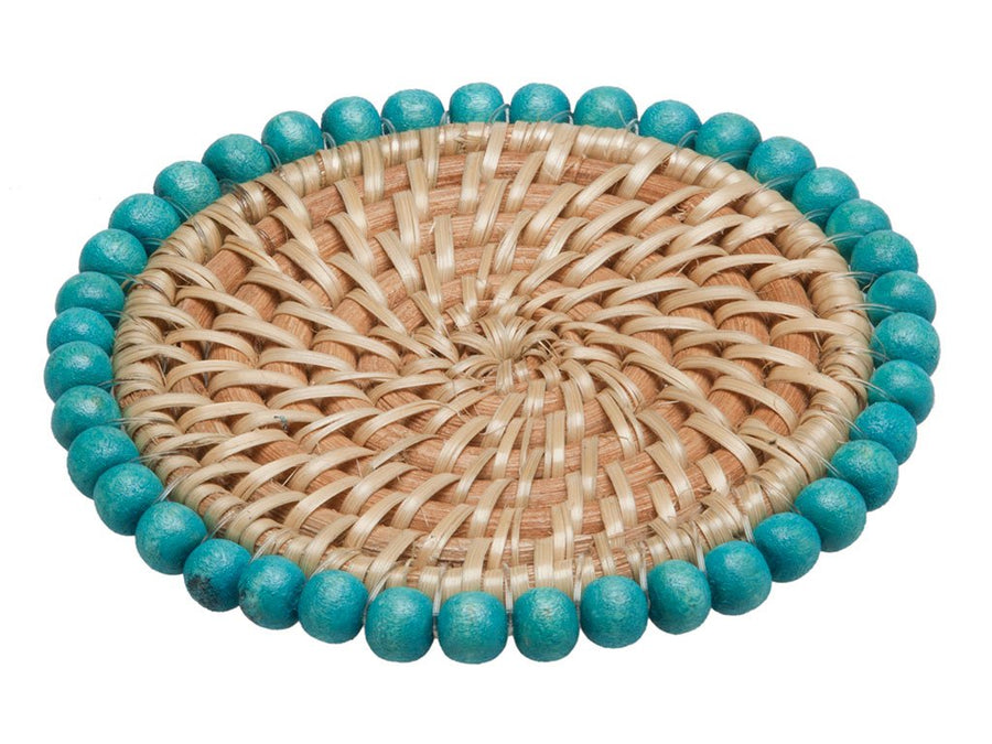 Kouboo Round Rattan Coaster With Wood Beads Close Up