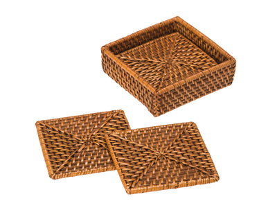 Laguna Square Rattan Coasters with Case, Set of 4, Honey-Brown