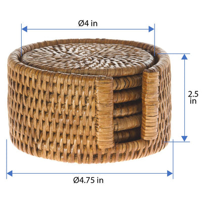 La Jolla Round Rattan Coasters with Holder, Set of 6