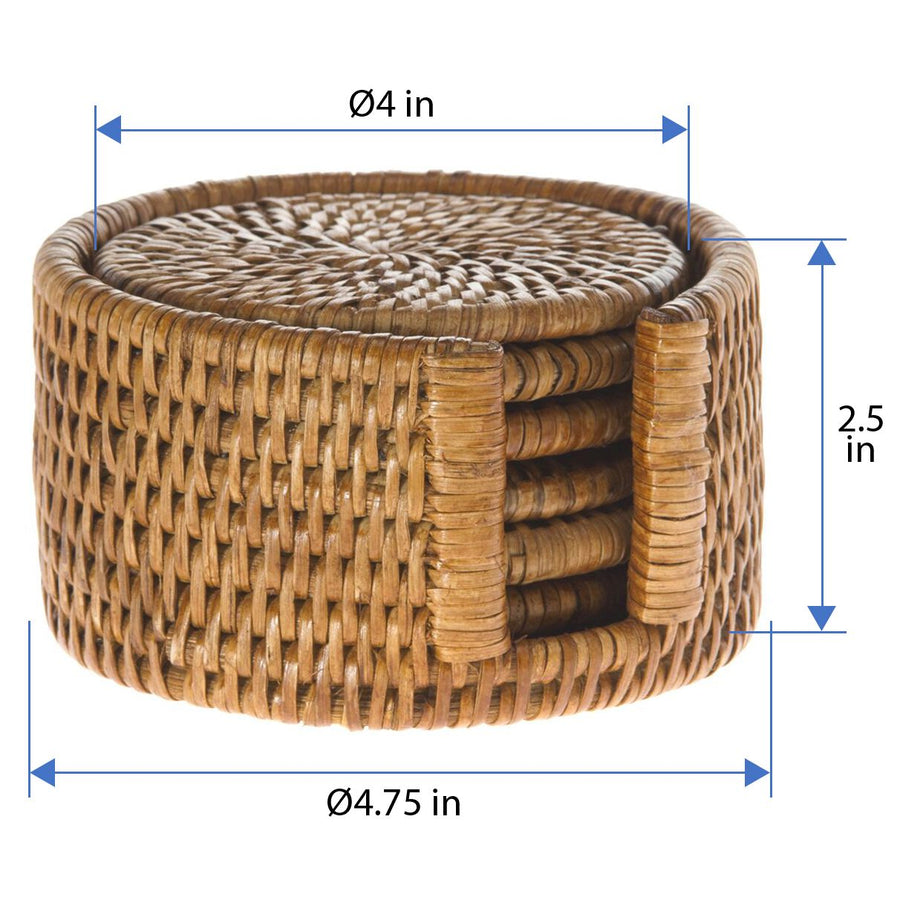 La Jolla Round Rattan Coasters with Holder, Set of 6