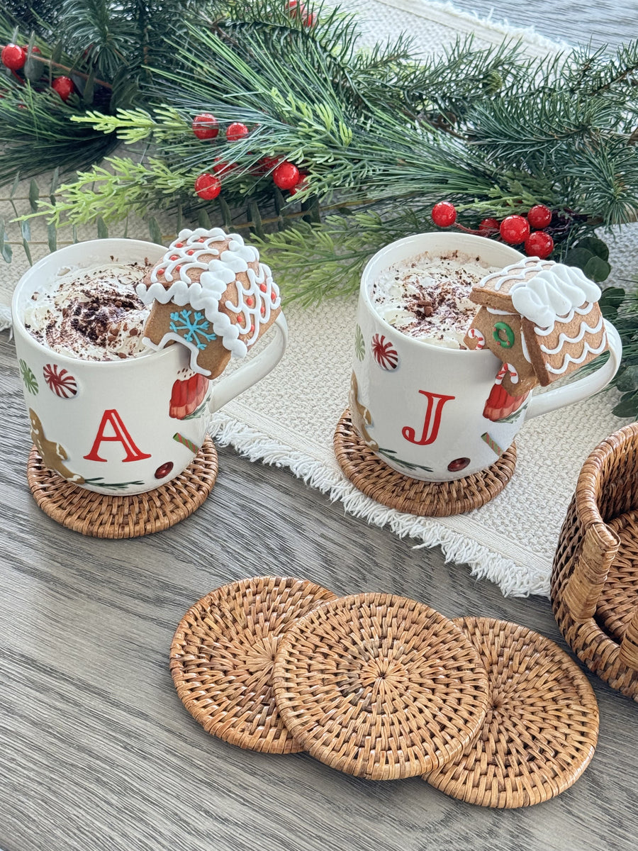 La Jolla Round Rattan Coasters with Holder, Set of 6