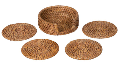 Loma Round Rattan Coasters with Holder, Set of 4 Coasters