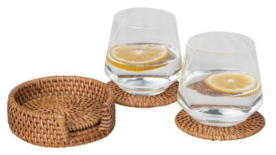 Loma Round Rattan Coasters with Holder, Set of 4 Coasters
