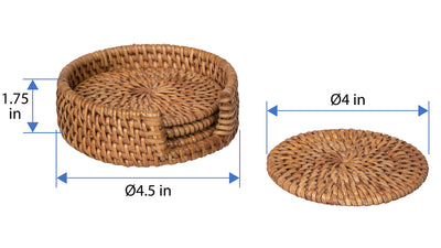 Loma Round Rattan Coasters with Holder, Set of 4 Coasters