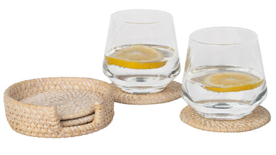 Loma Round Rattan Coasters with Holder, Set of 4 Coasters