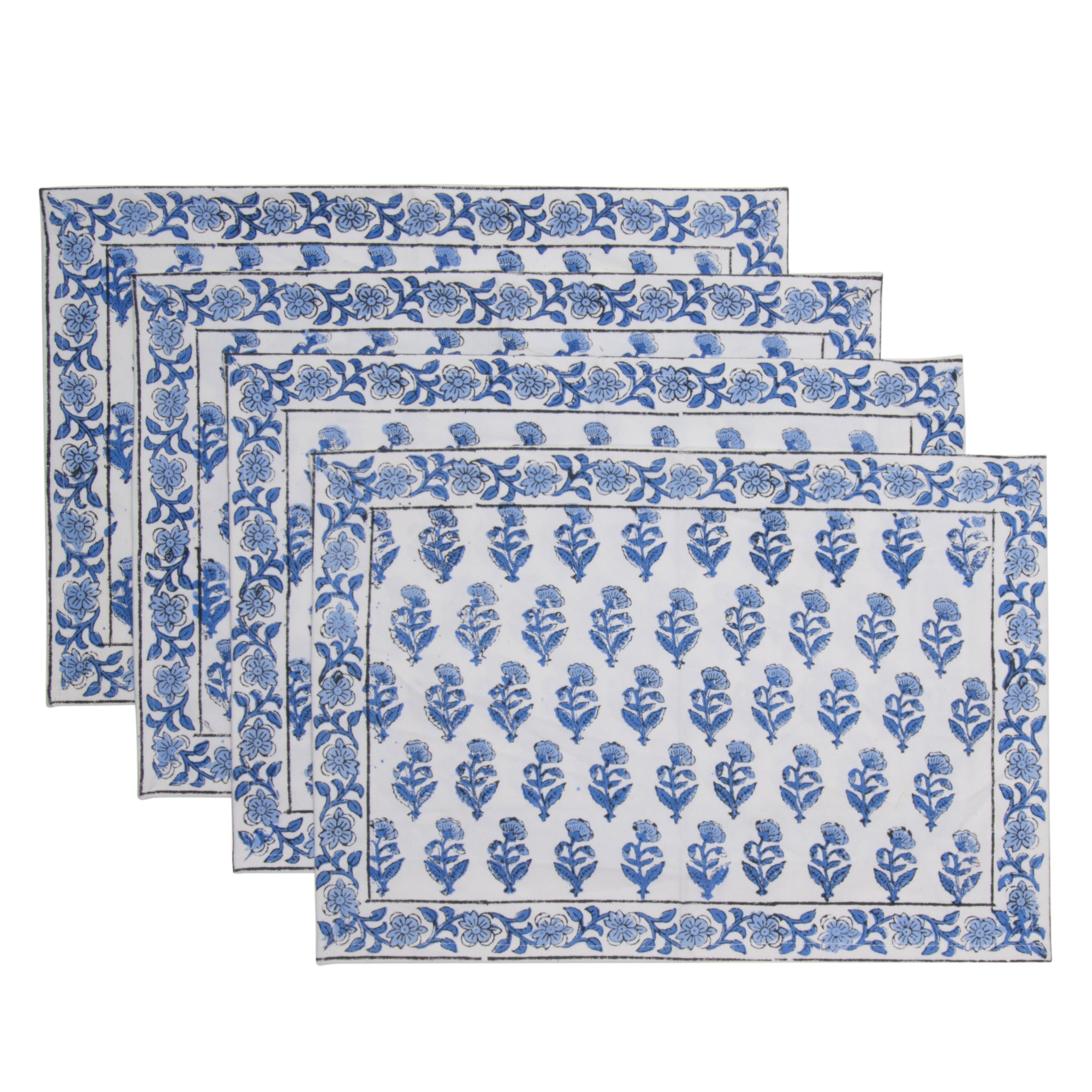 Hand Block Print Placemats, 18 inches x 13 inches, Set of 4, Blue
