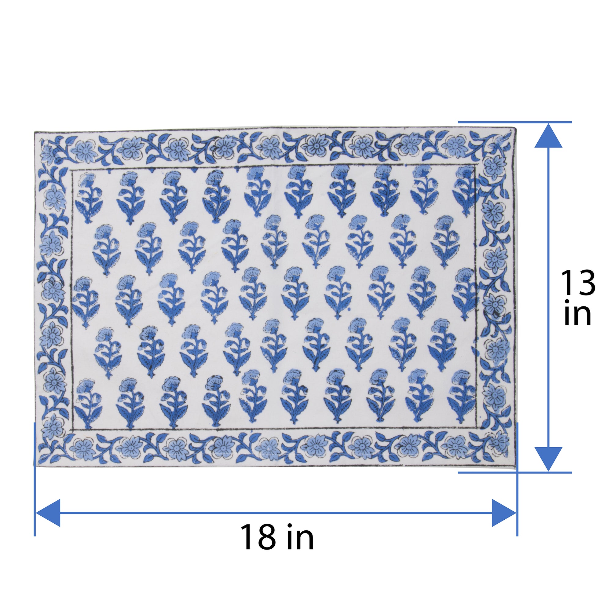 Hand Block Print Placemats, 18 inches x 13 inches, Set of 4, Blue