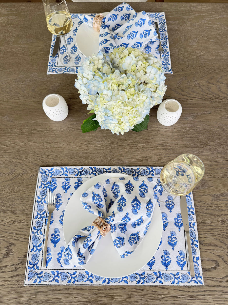 Hand Block Print Placemats, 18 inches x 13 inches, Set of 4, Blue