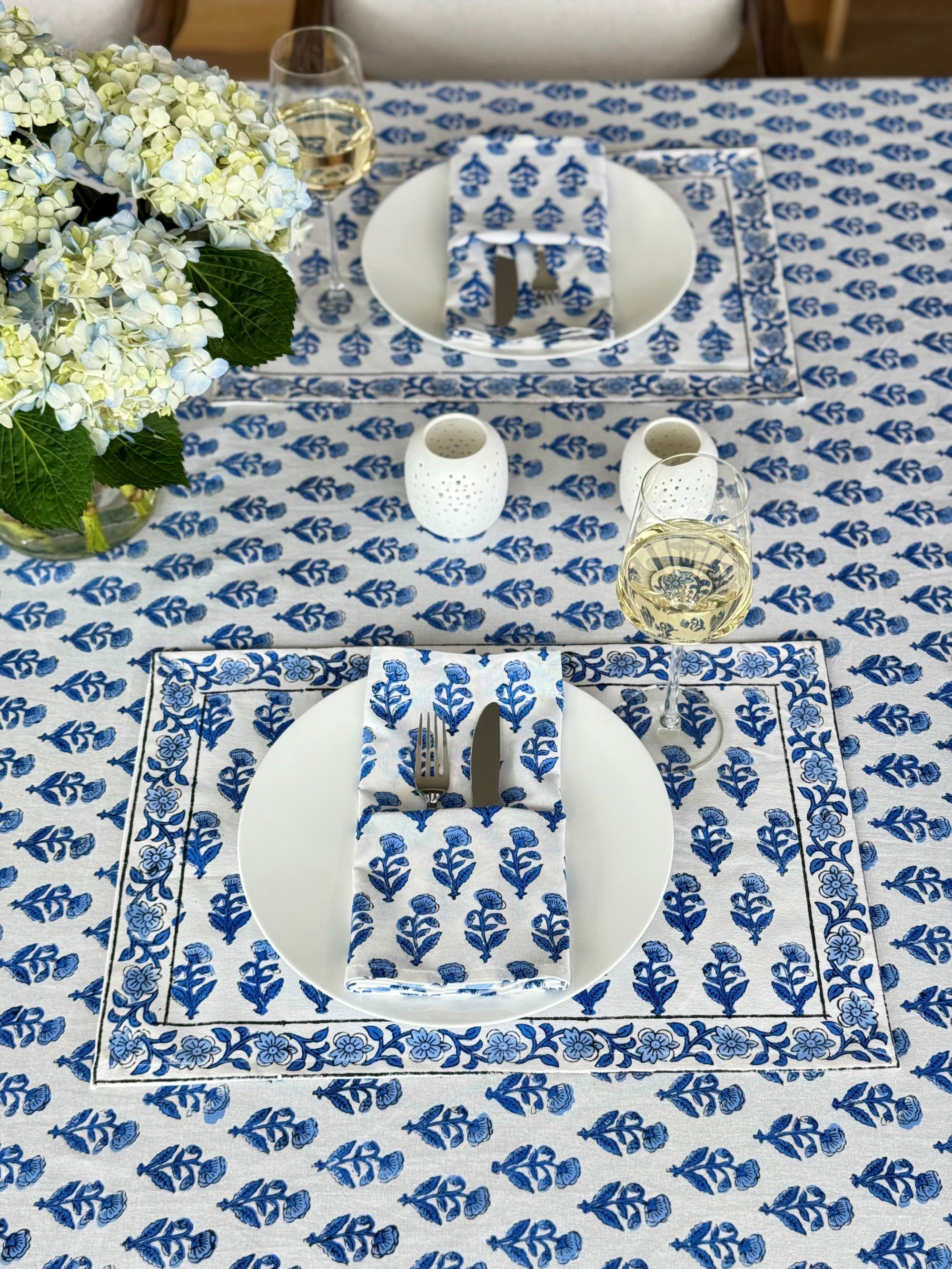 Hand Block Print Placemats, 18 inches x 13 inches, Set of 4, Blue
