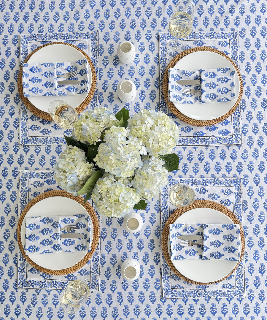 Hand Block Print Placemats, 18 inches x 13 inches, Set of 4, Blue