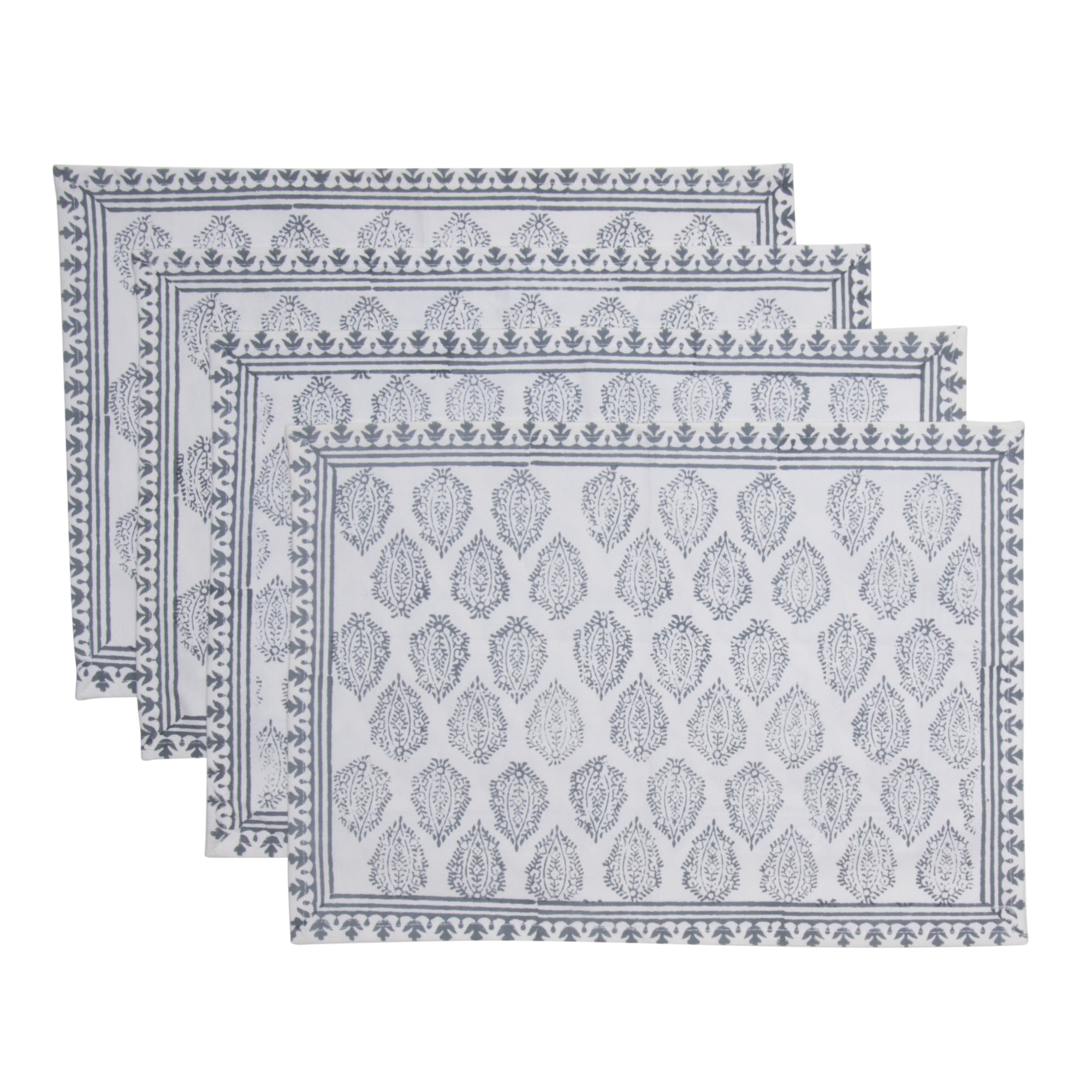 Hand Block Print Placemats, 18 inches x 13 inches, Set of 4, Gray