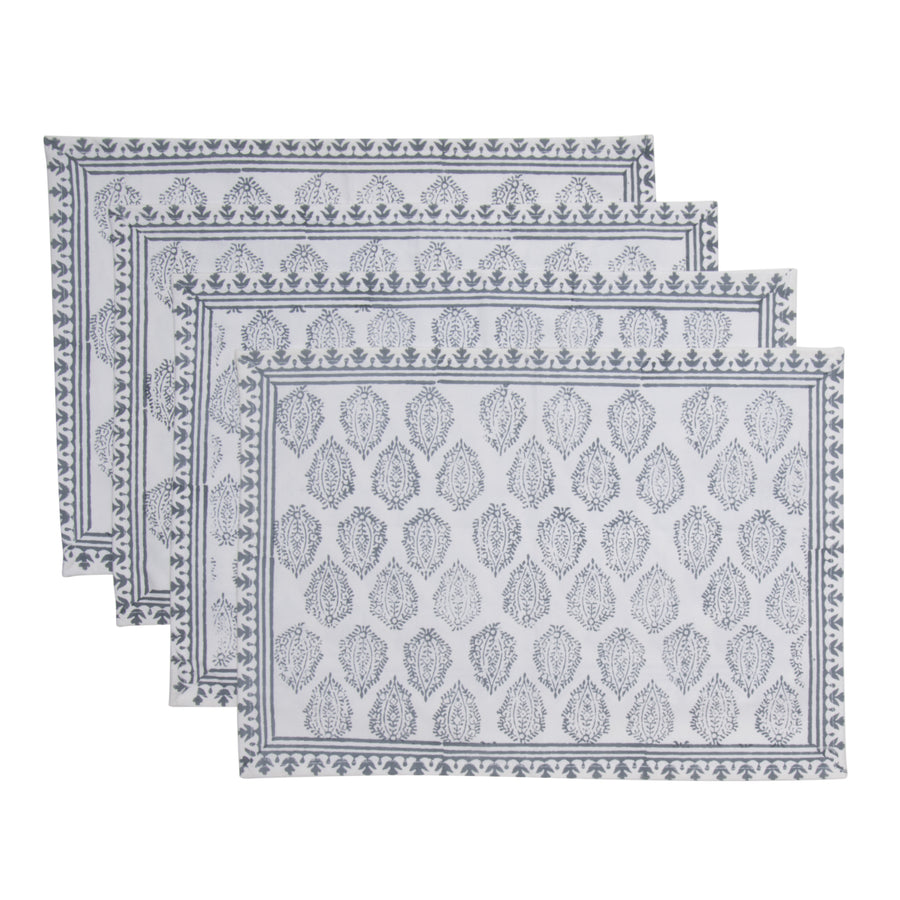 Hand Block Print Placemats, 18 inches x 13 inches, Set of 4, Gray
