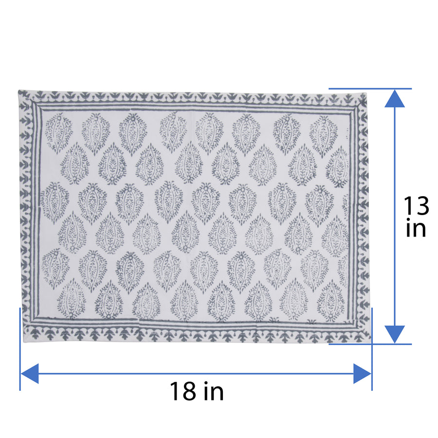 Hand Block Print Placemats, 18 inches x 13 inches, Set of 4, Gray