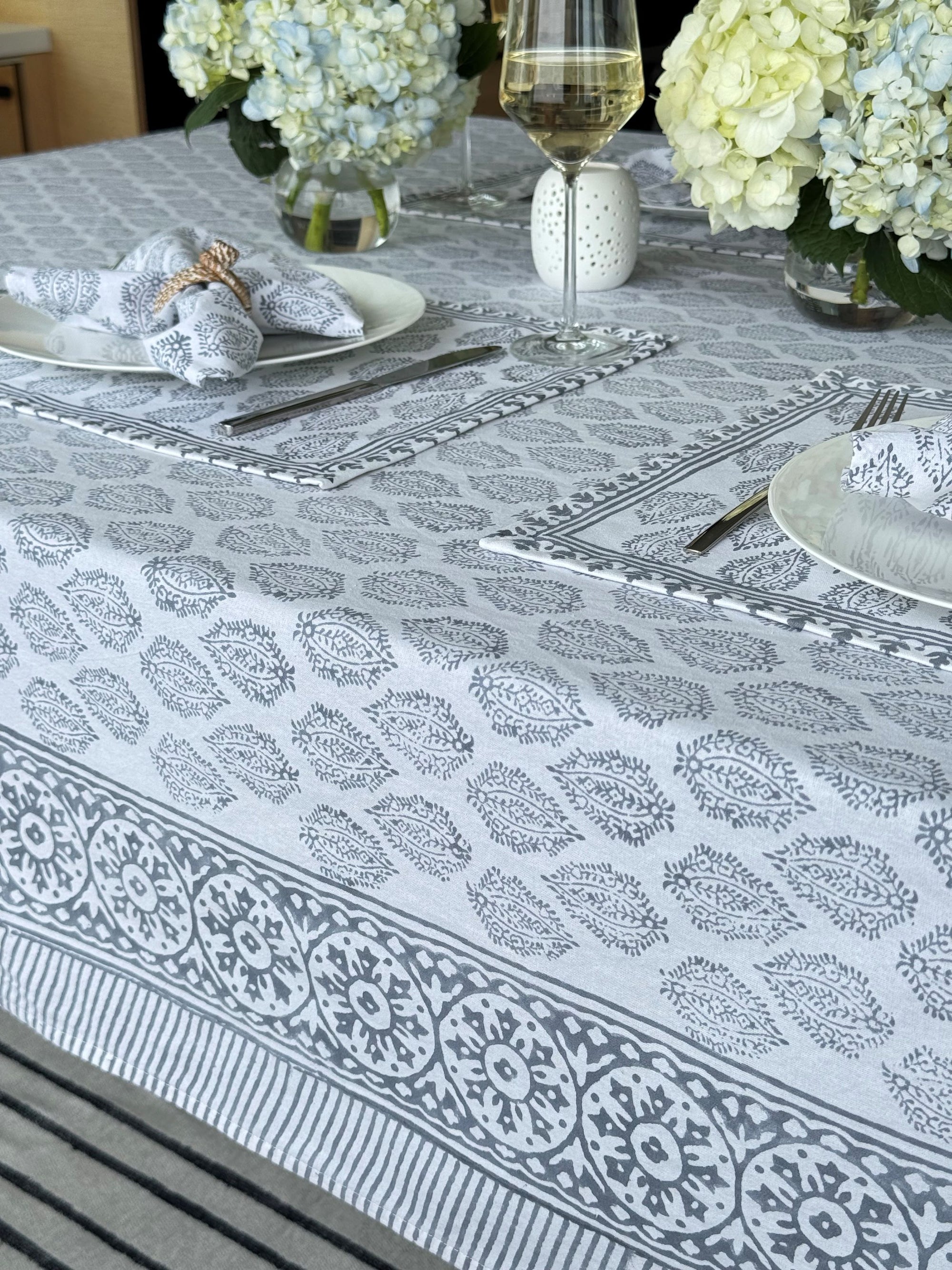 Hand Block Print Tablecloth, Gray