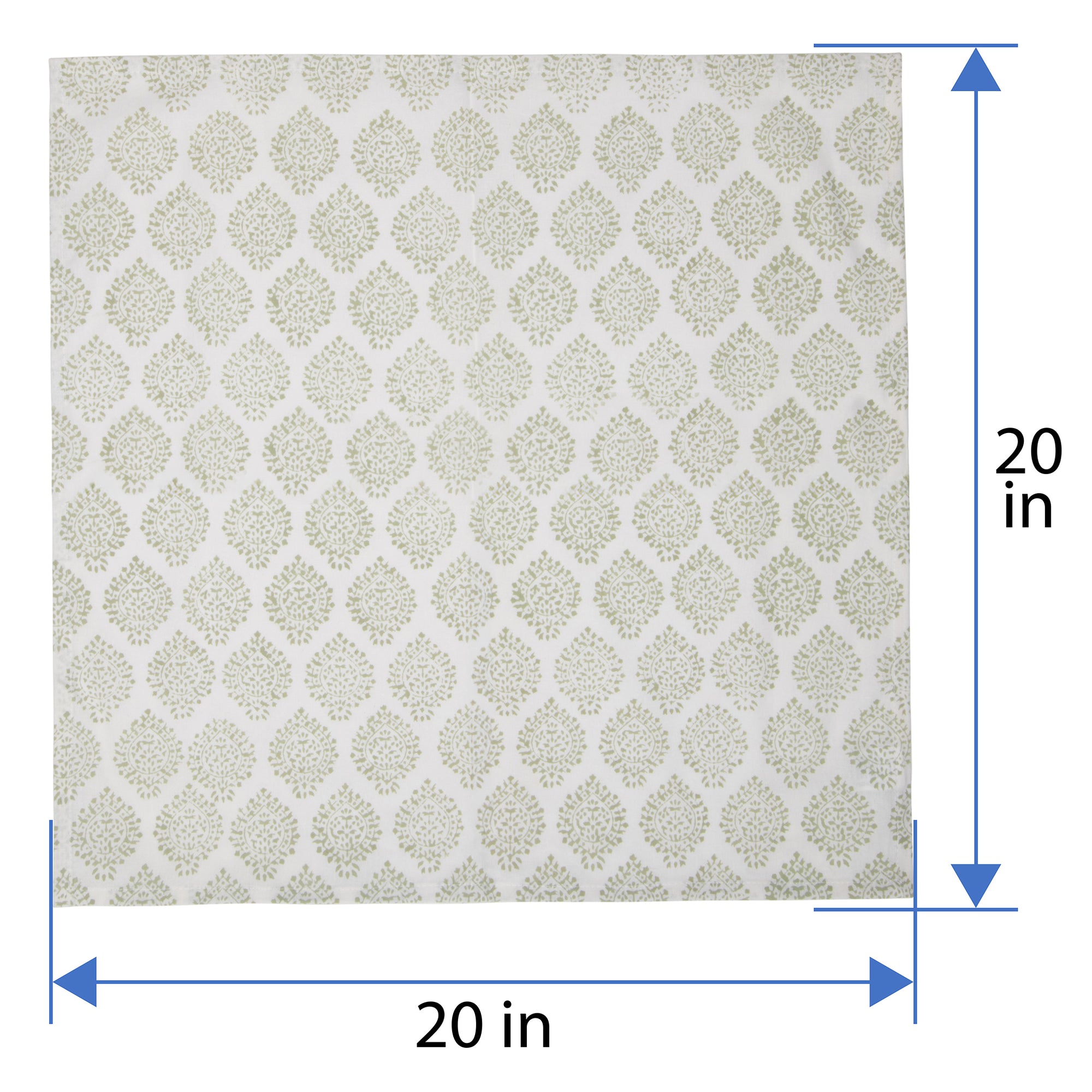Hand Block Print Dinner Napkins, 20 inches x 20 inches, Set of 4 Pieces, Light Green
