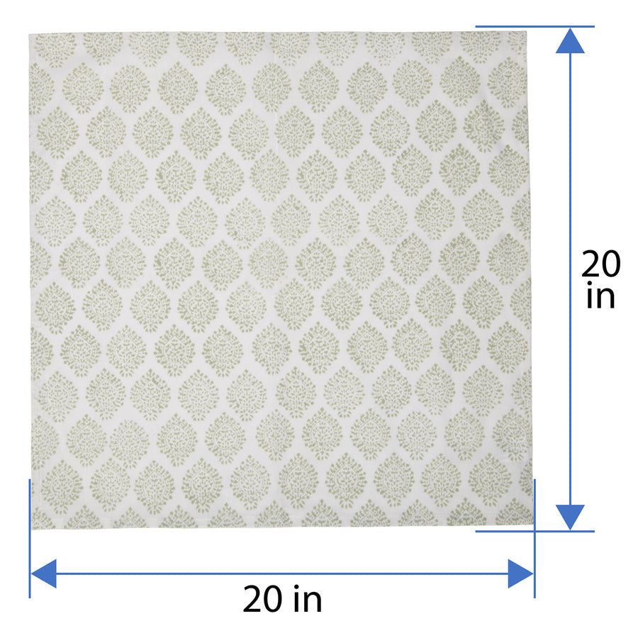Hand Block Print Dinner Napkins, 20 inches x 20 inches, Set of 4 Pieces, Light Green