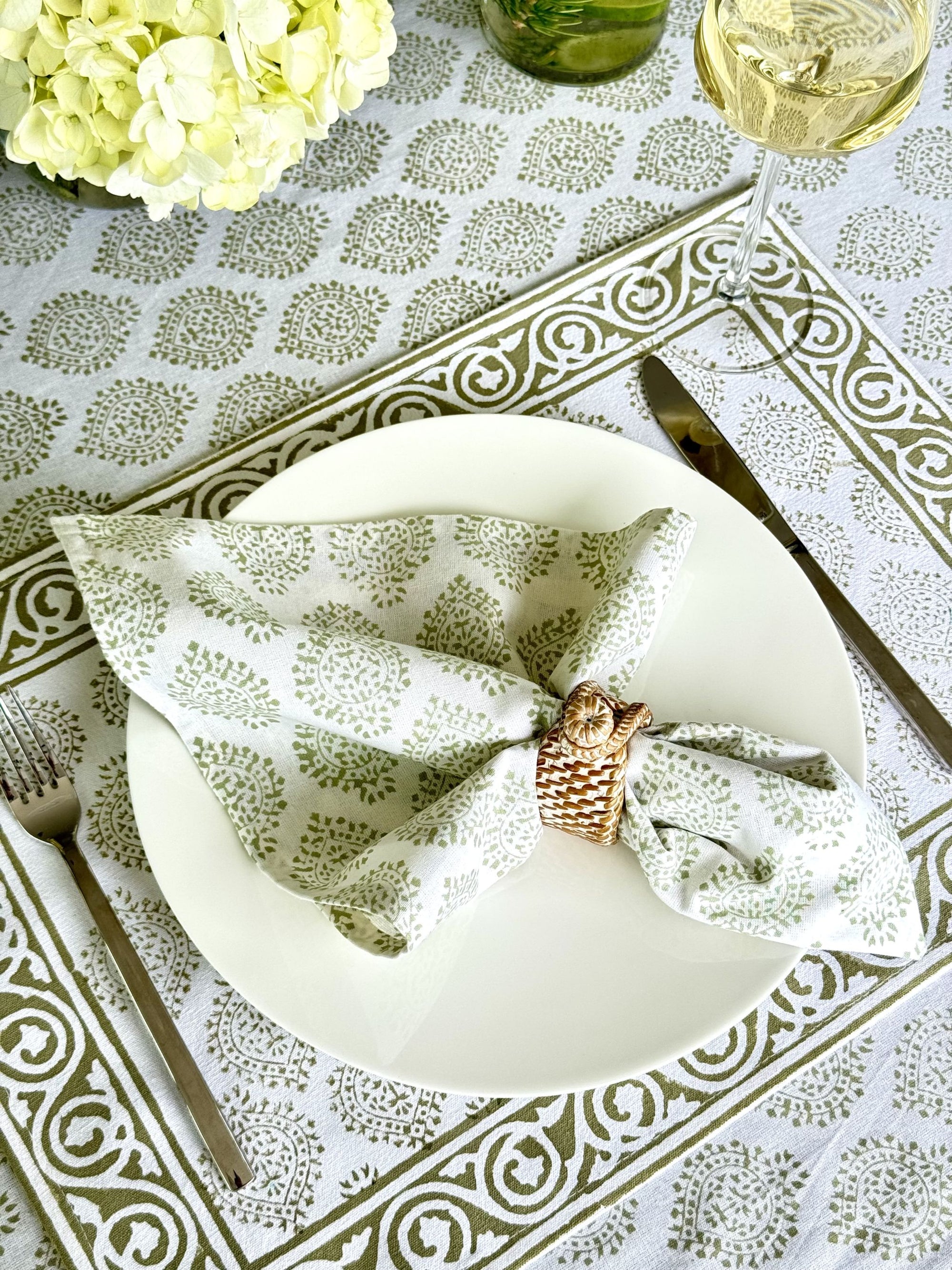 Hand Block Print Dinner Napkins, 20 inches x 20 inches, Set of 4 Pieces, Light Green