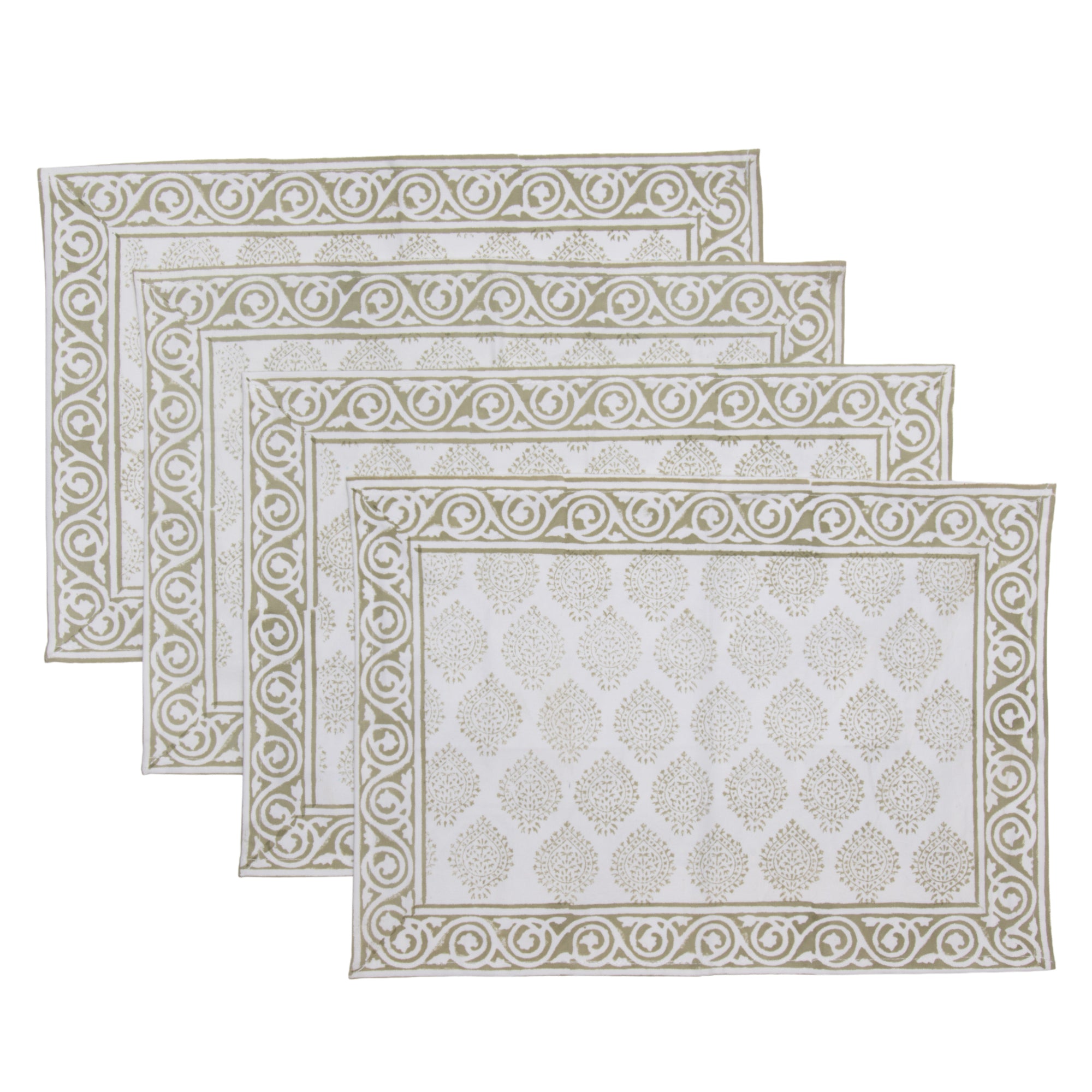 Hand Block Print Placemats, 18 inches x 13 inches, Set of 4, Light Green
