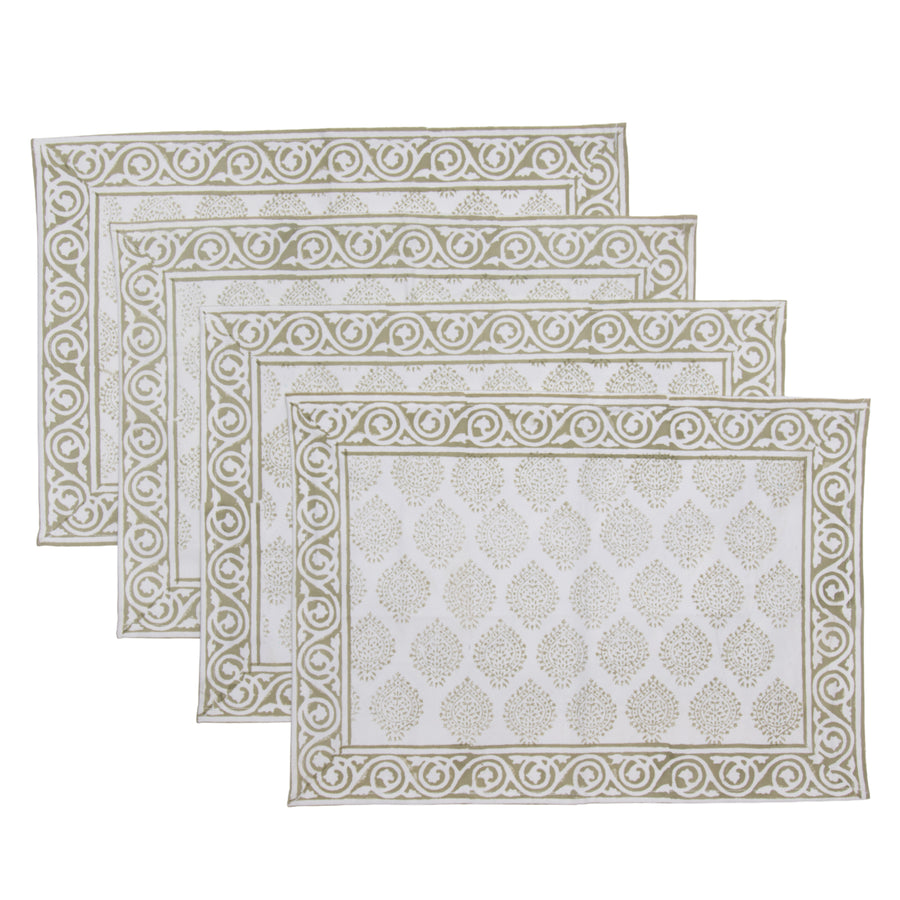 Hand Block Print Placemats, 18 inches x 13 inches, Set of 4, Light Green