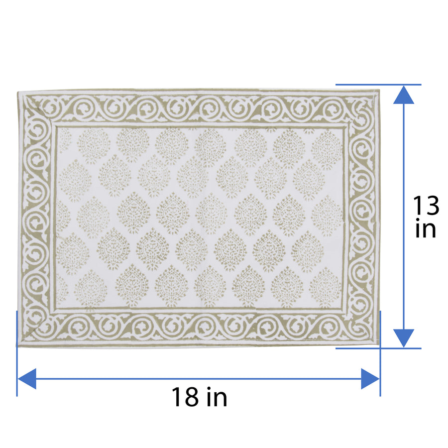 Hand Block Print Placemats, 18 inches x 13 inches, Set of 4, Light Green