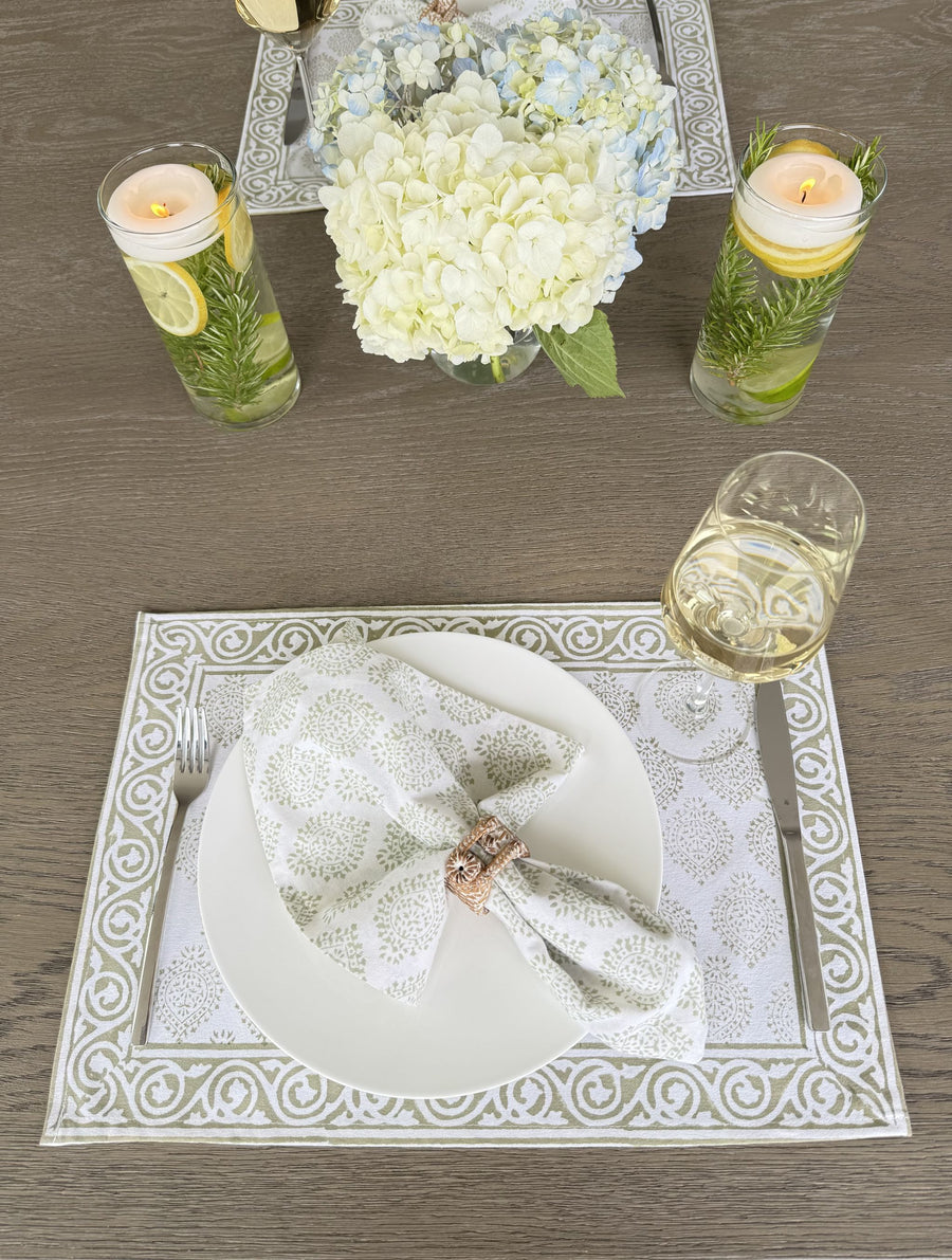 Hand Block Print Placemats, 18 inches x 13 inches, Set of 4, Light Green