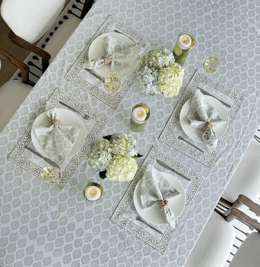 Hand Block Print Placemats, 18 inches x 13 inches, Set of 4, Light Green