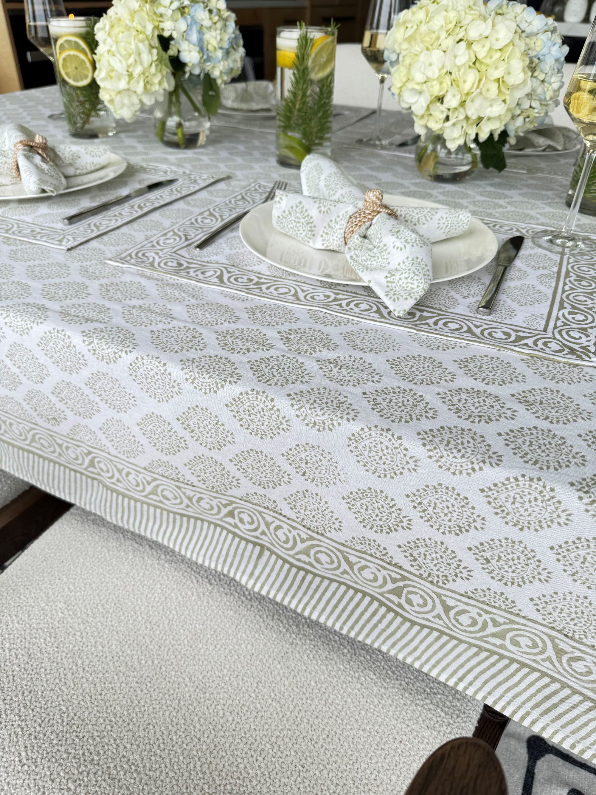 Hand Block Print Tablecloth, Light Green