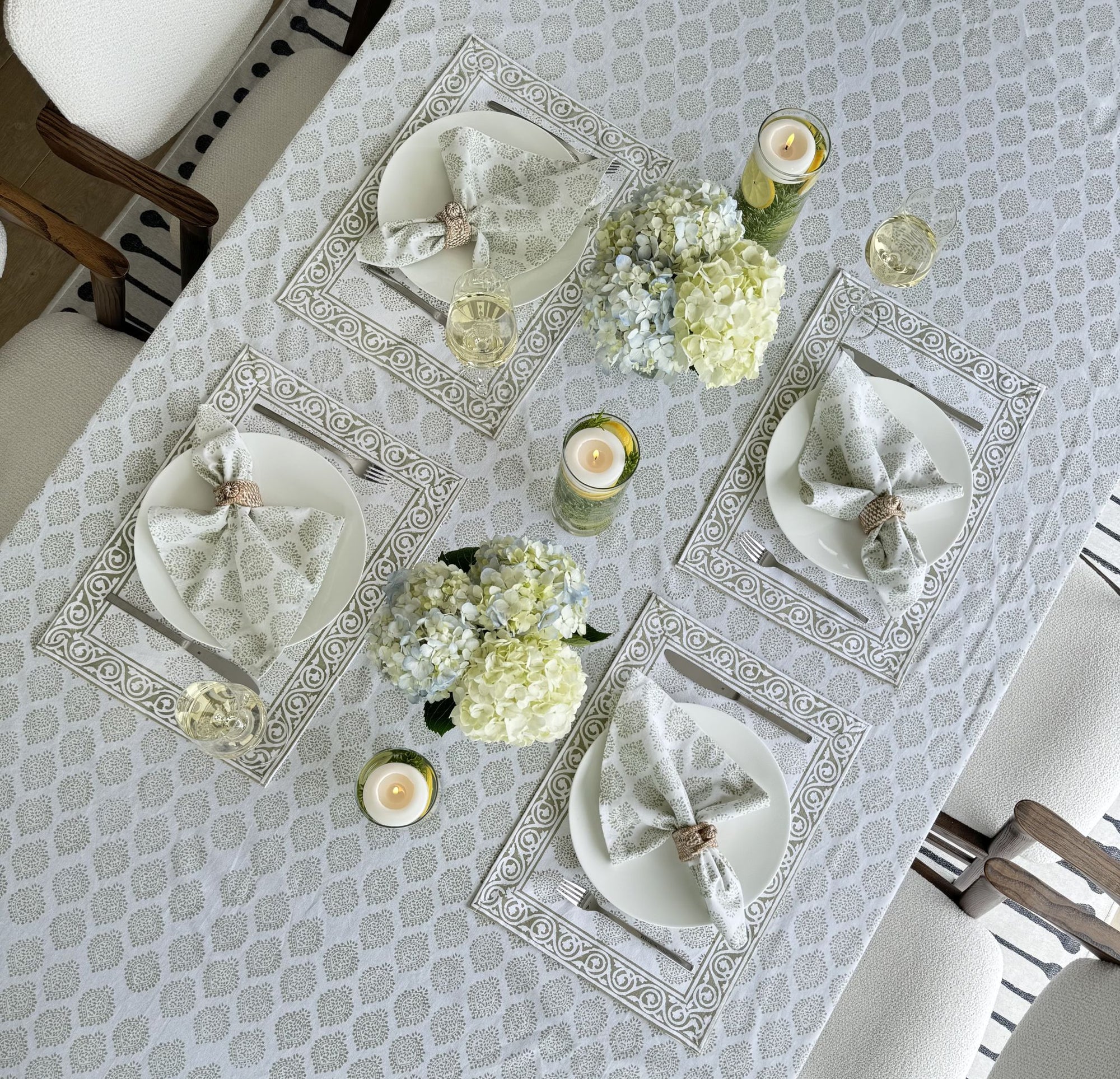 Hand Block Print Tablecloth, Light Green