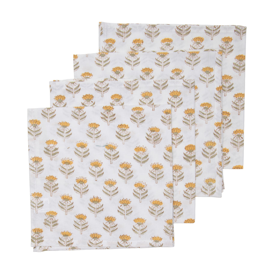 Hand Block Print Dinner Napkins, 20 inches x 20 inches, Set of 4 Pieces, Yellow