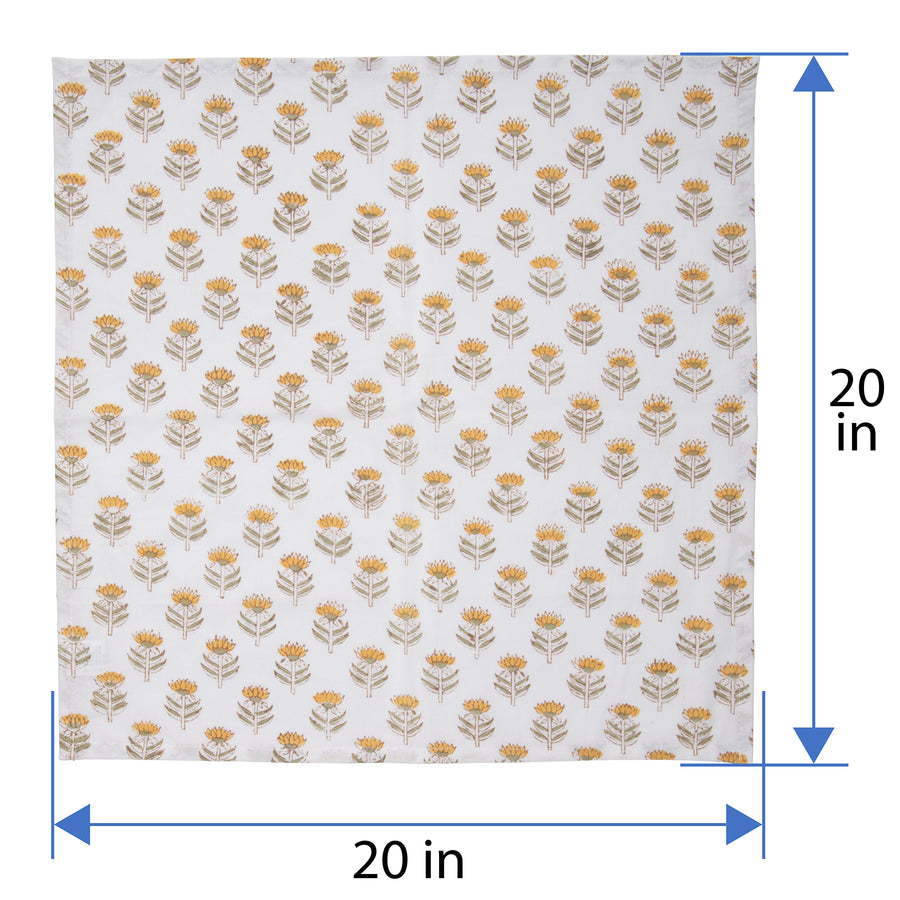 Hand Block Print Dinner Napkins, 20 inches x 20 inches, Set of 4 Pieces, Yellow