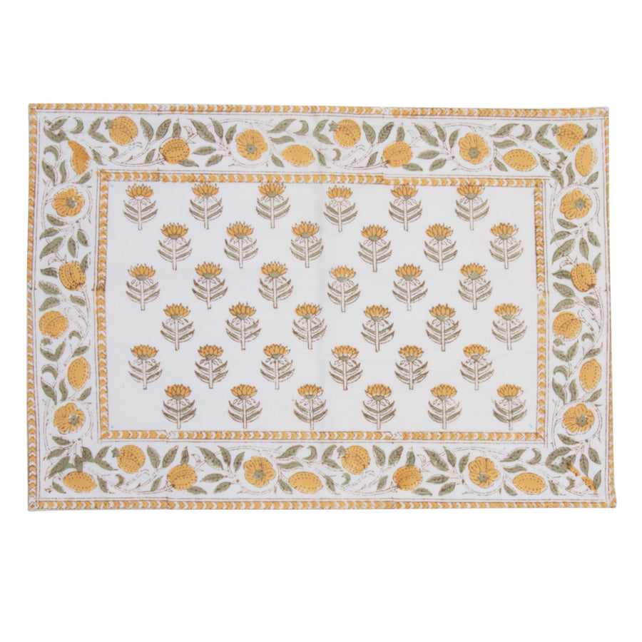 Hand Block Print Placemats, 18 inches x 13 inches, Set of 4, Yellow