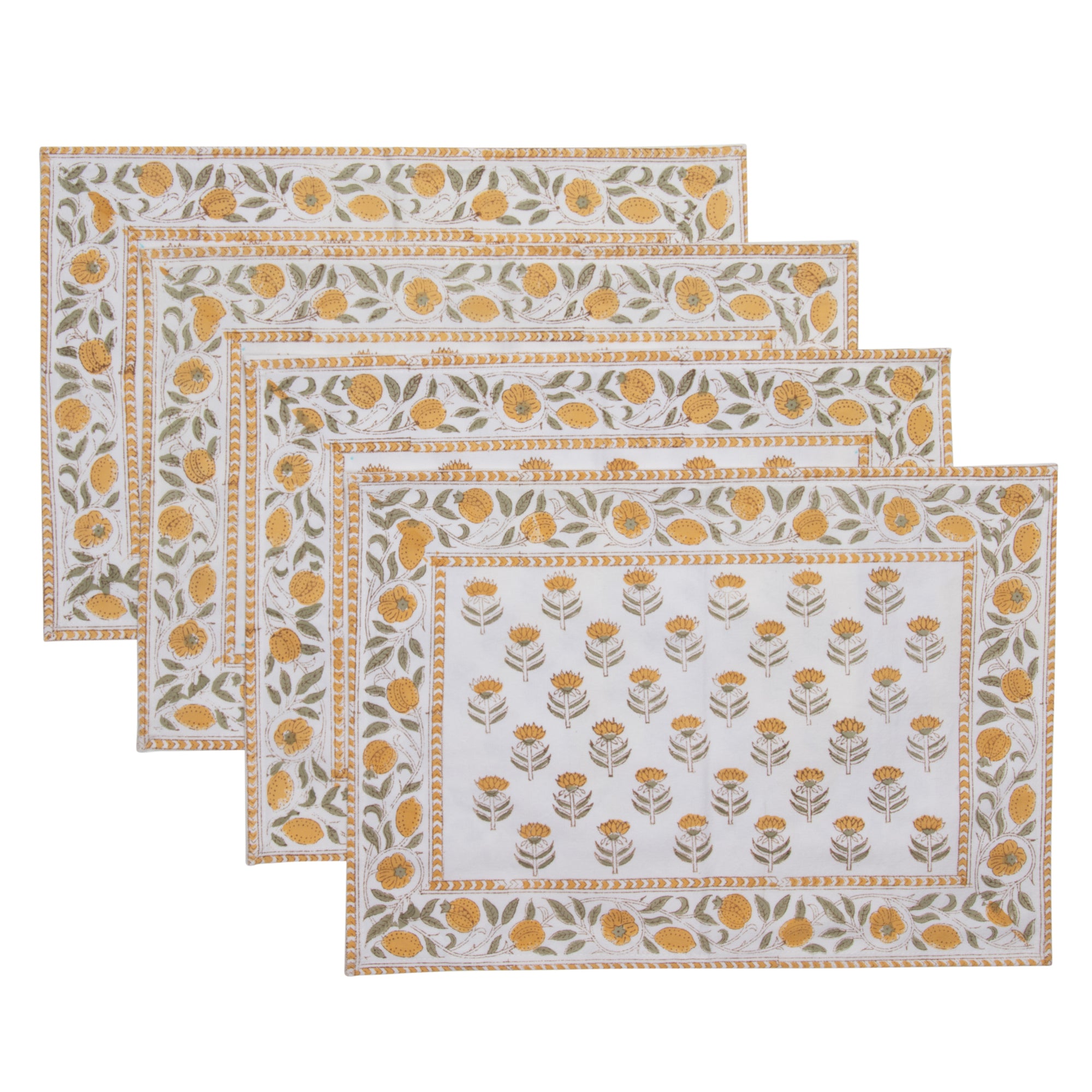 Hand Block Print Placemats, 18 inches x 13 inches, Set of 4, Yellow