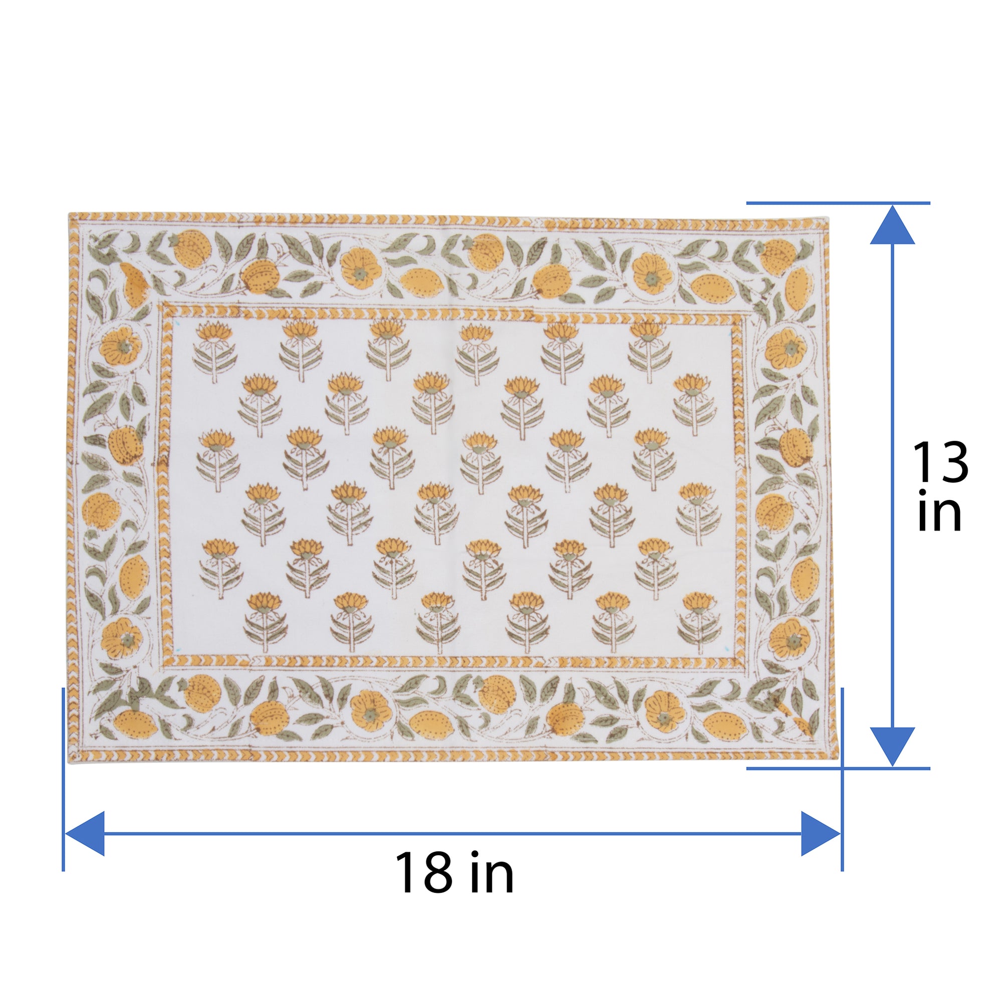 Hand Block Print Placemats, 18 inches x 13 inches, Set of 4, Yellow