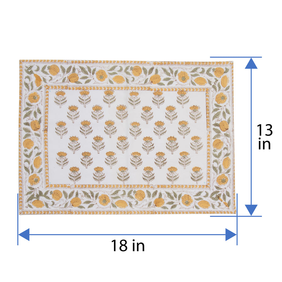 Hand Block Print Placemats, 18 inches x 13 inches, Set of 4, Yellow