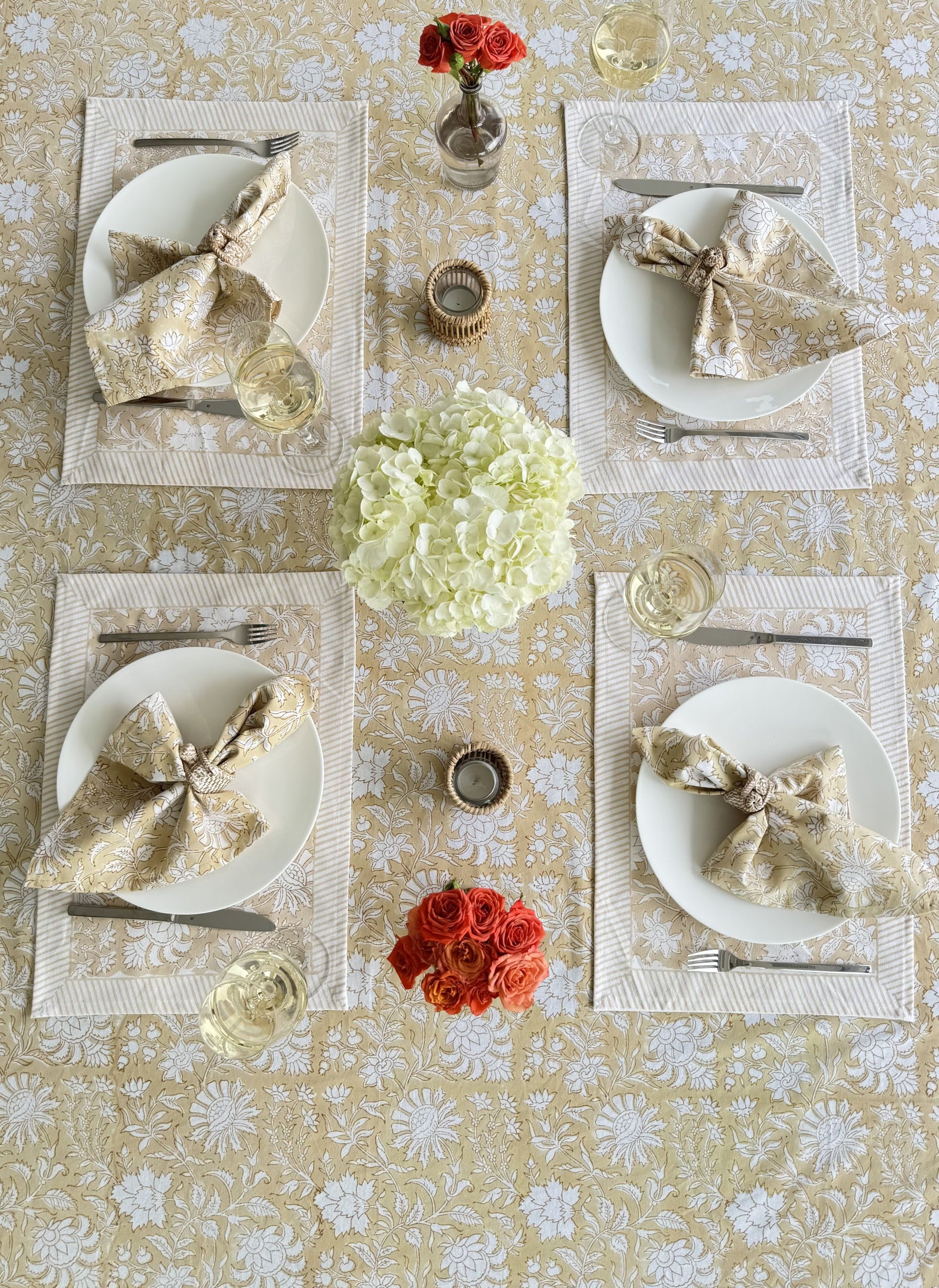 Hand Block Print Dinner Napkins, 20 inches x 20 inches, Set of 4 Pieces, Beige