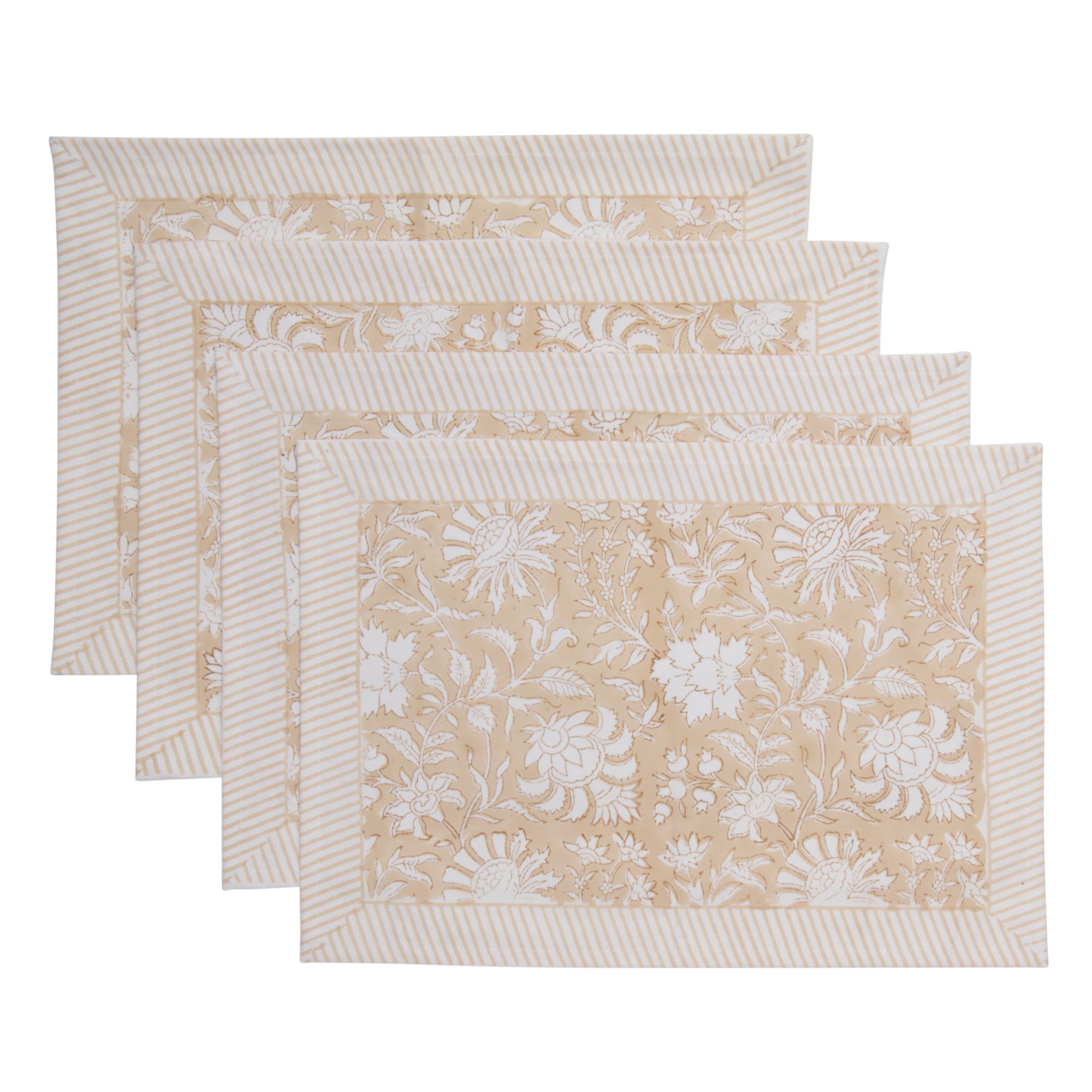 Hand Block Print Placemats, 18 inches x 13 inches, Set of 4, Beige