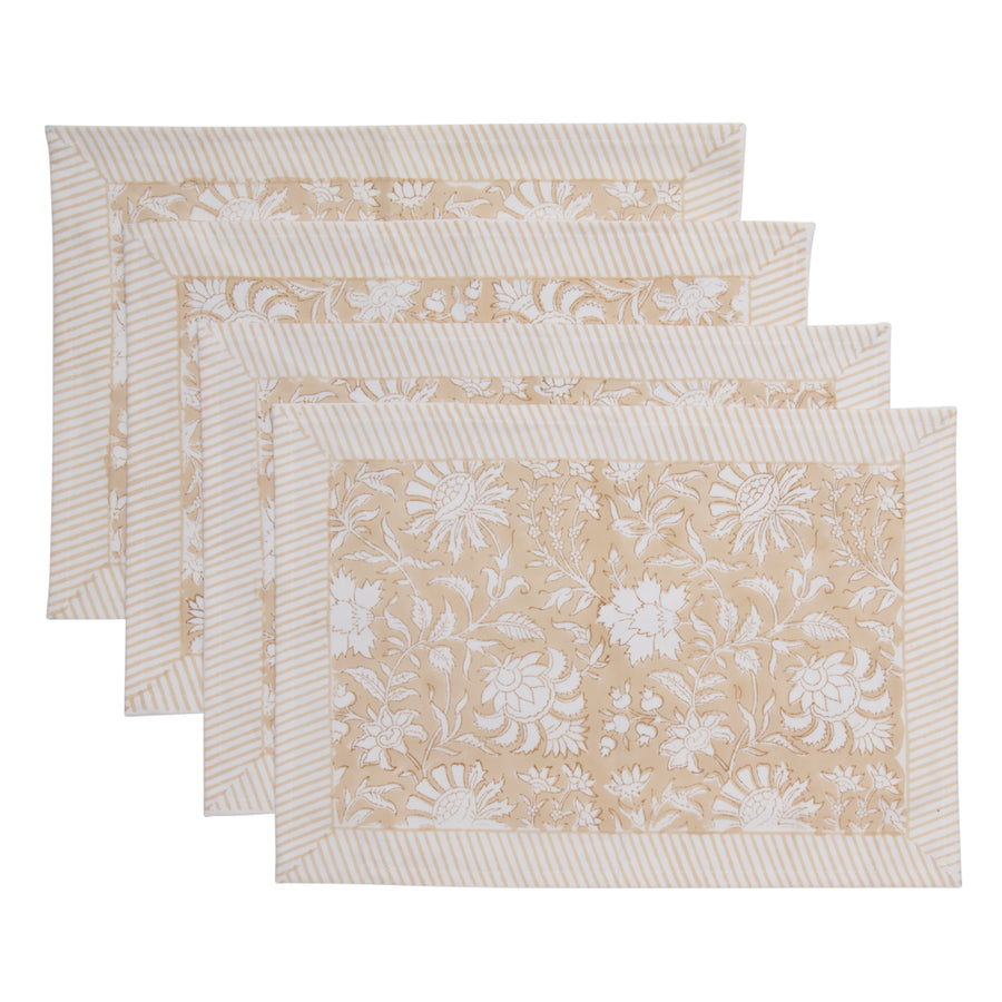 Hand Block Print Placemats, 18 inches x 13 inches, Set of 4, Beige