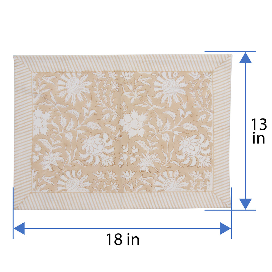 Hand Block Print Placemats, 18 inches x 13 inches, Set of 4, Beige