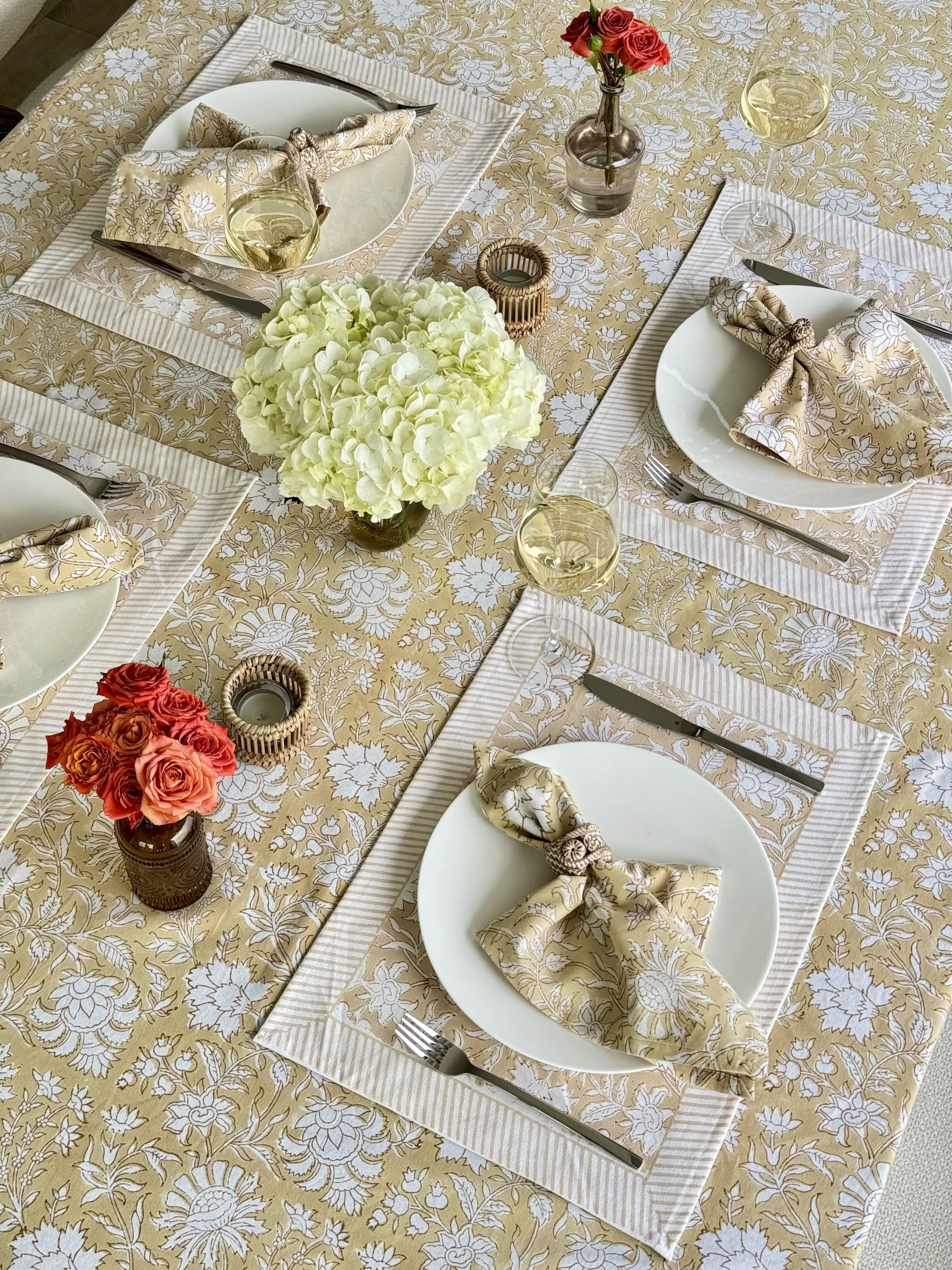 Hand Block Print Placemats, 18 inches x 13 inches, Set of 4, Beige
