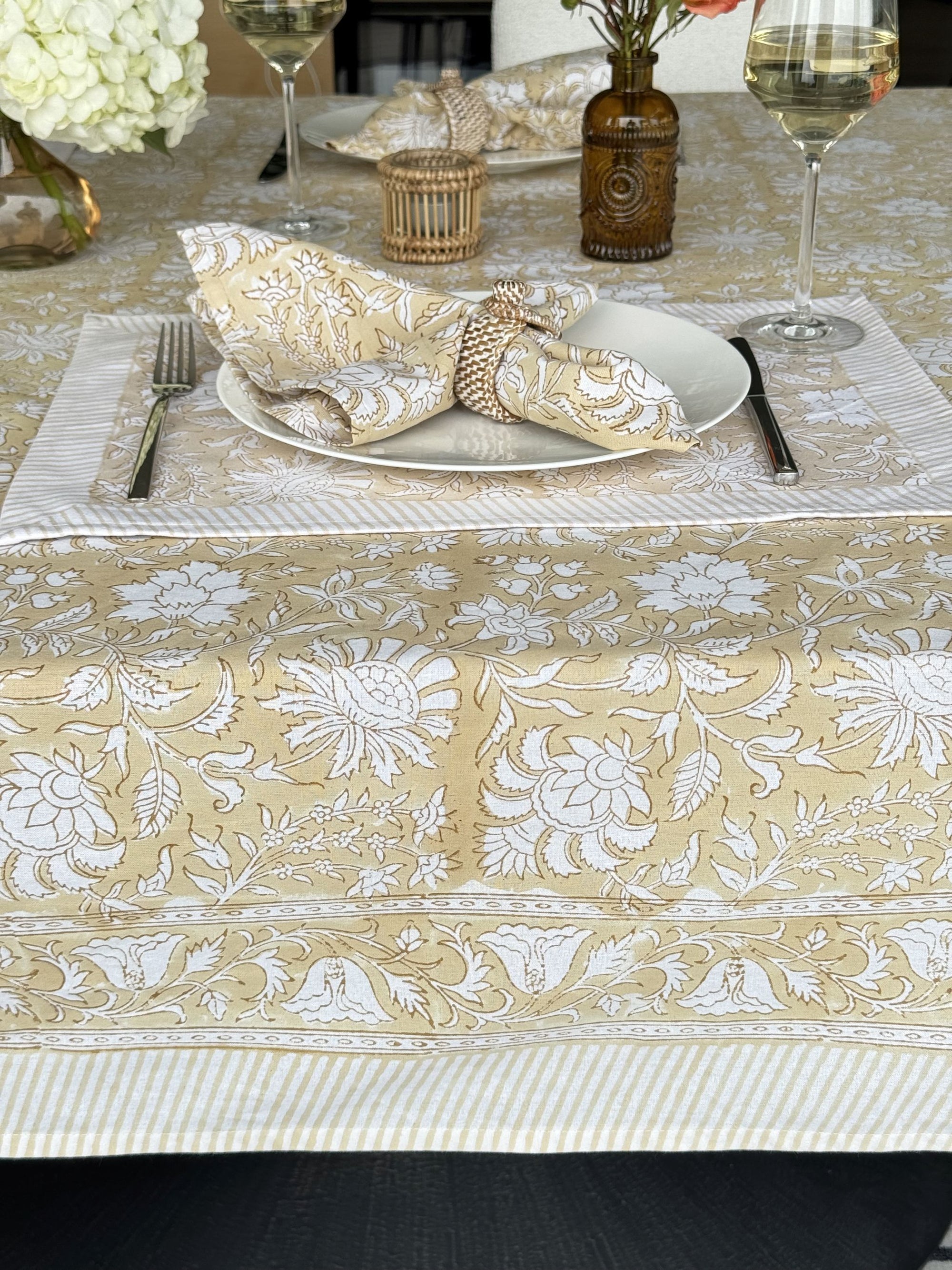 Hand Block Print Tablecloth, Beige