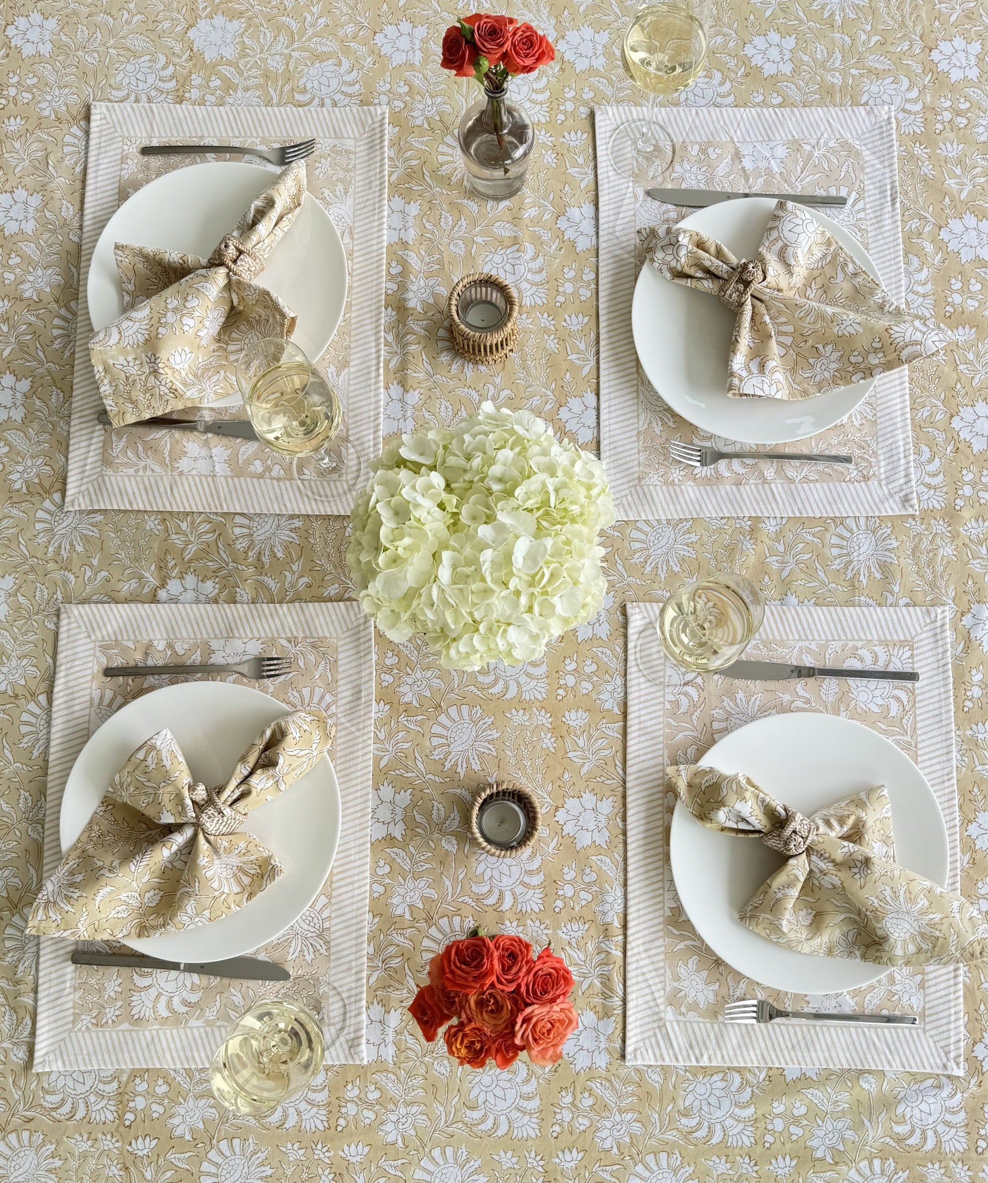 Hand Block Print Tablecloth, Beige