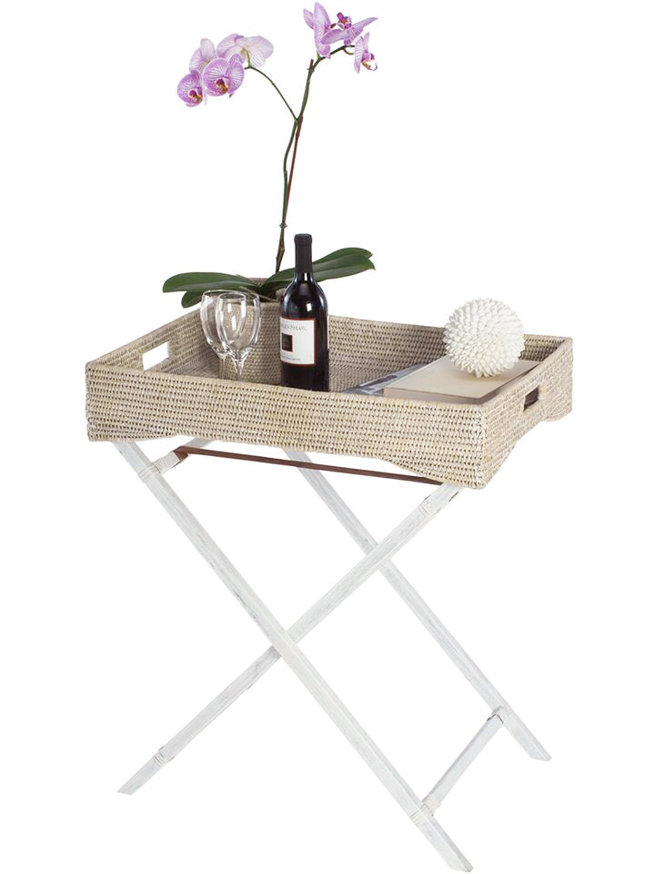 La Jolla Rattan Butler Tray with Folding Teak Wood Stand