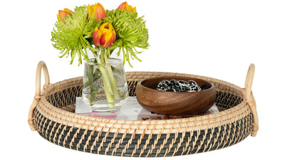 Round Rattan Serving and Breakfast Tray, Natural-Black